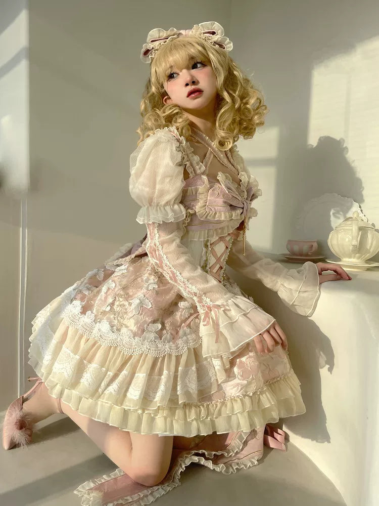 Sweet Baroque Lolita Dress + Veil + Ribbon + Headband + Tail + Sleeves