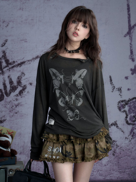 SagiDolls Girls’ Fighting Spirit Charcoal Gray Linear Butterfly Knit Pullover Sweet-Cool Casual Top Loose Fit Flattering for Summer