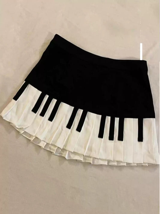 black and white piano retro pleated skirt