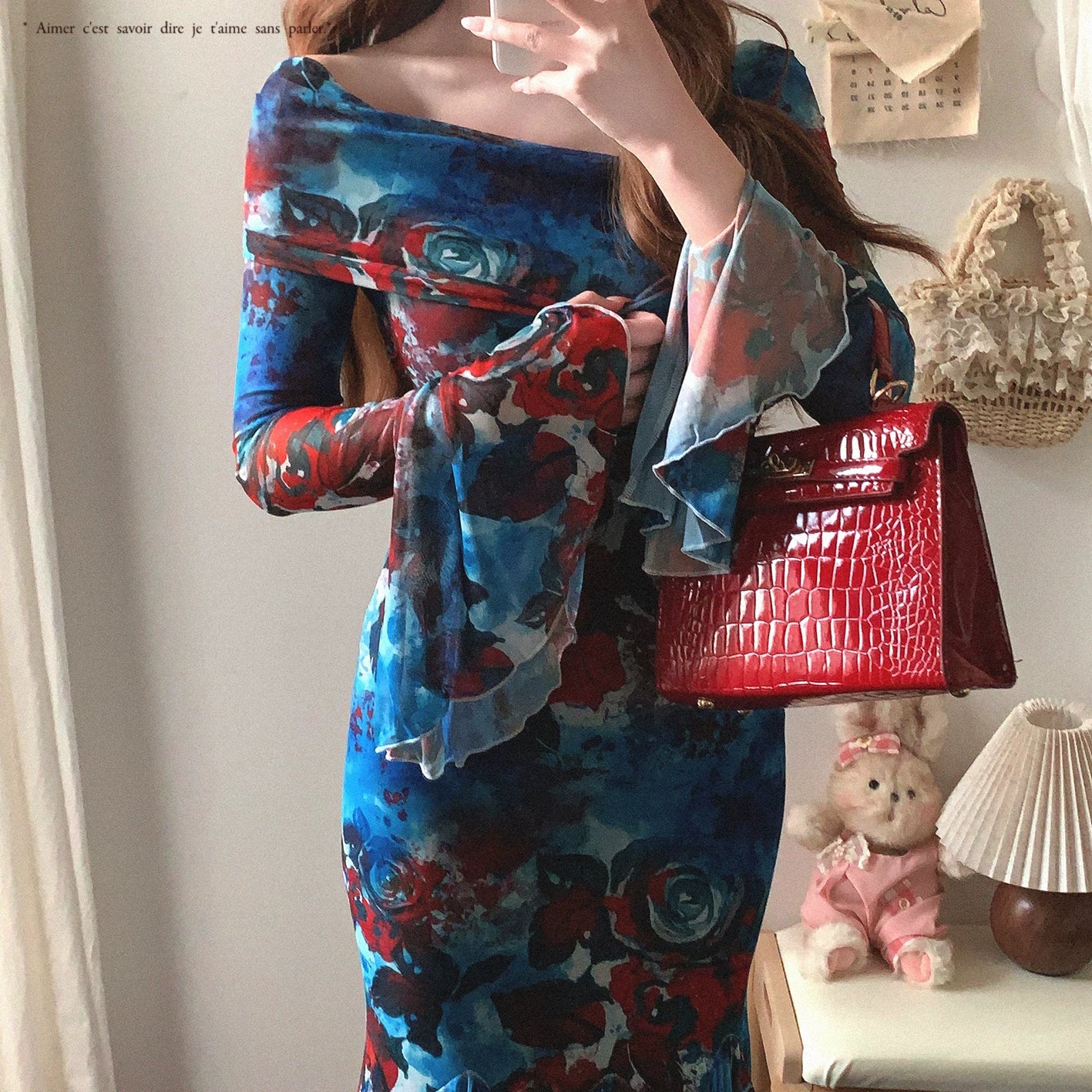 Final-Stock GDRX French Romantic Rose Print Elegant One-Shoulder Off-V-Neck Bell Sleeves Bodycon Mermaid Dress