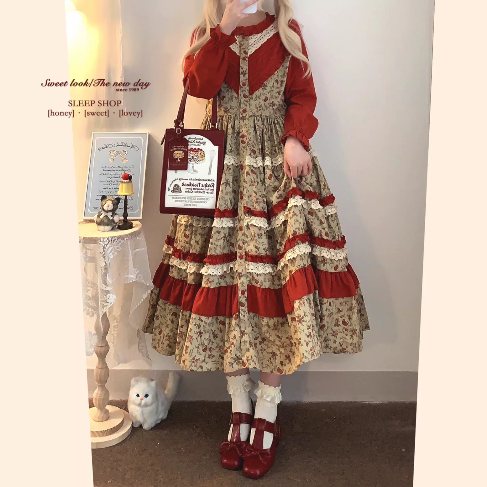 “sleepingdoll Handmade” Printed Fruit Basket Cotton Linen Dress with Long & Short Sleeves, Vintage Elegant