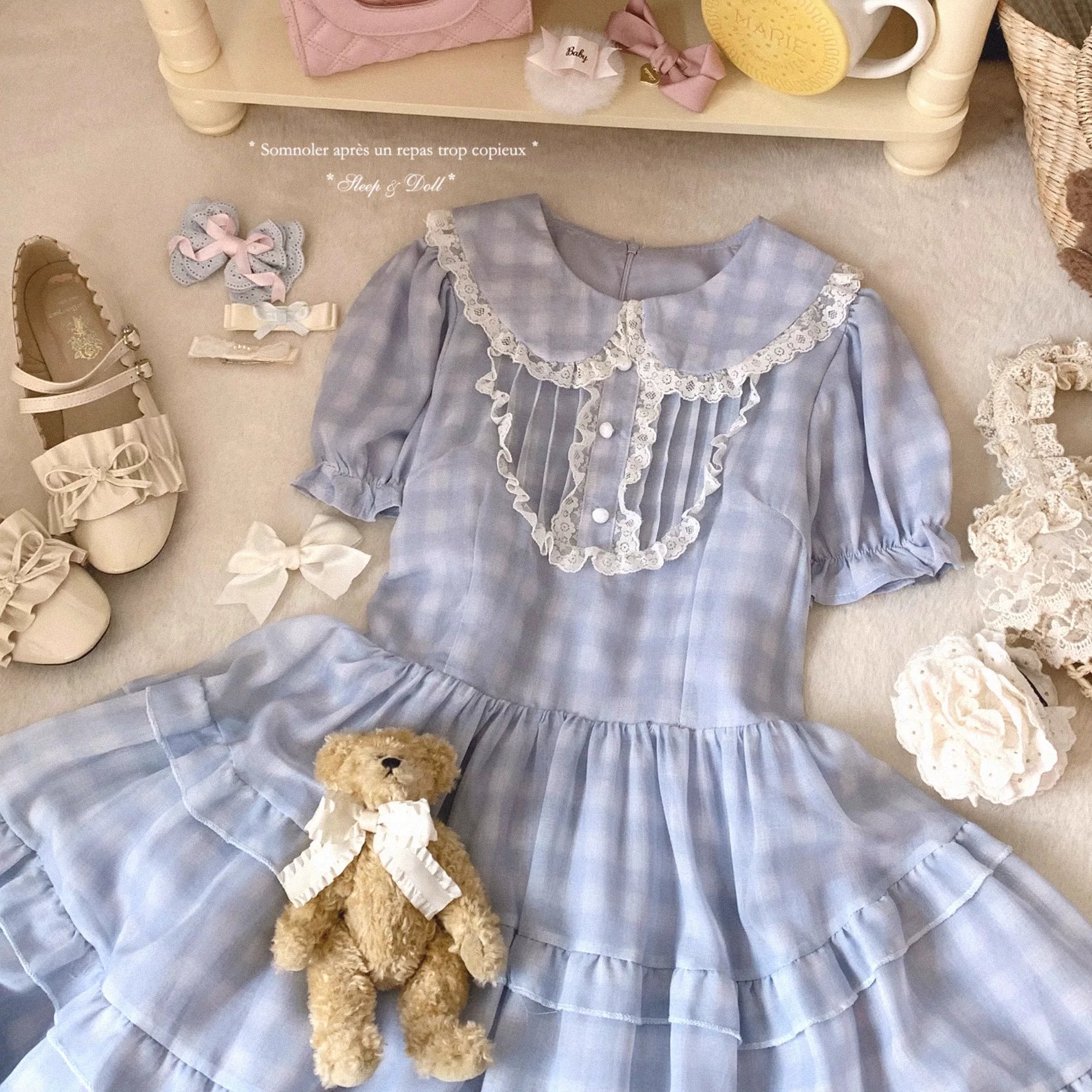 sleepingdoll Handmade Cute Lace Peter Pan Collar Doll-Style Cake Dress Plaid Bubble Sleeves