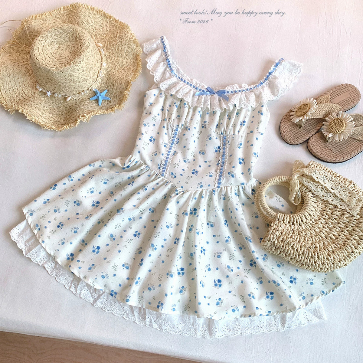 Last-Call Pure-Yow Sweet Square-Neck Floral Ribbon Lace Trim Cinched Waist Puff Dress*