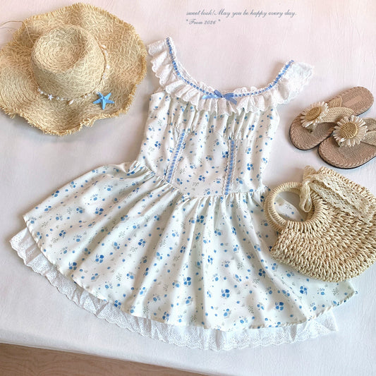 Last-Call Pure-Yow Sweet Square-Neck Floral Ribbon Lace Trim Cinched Waist Puff Dress*
