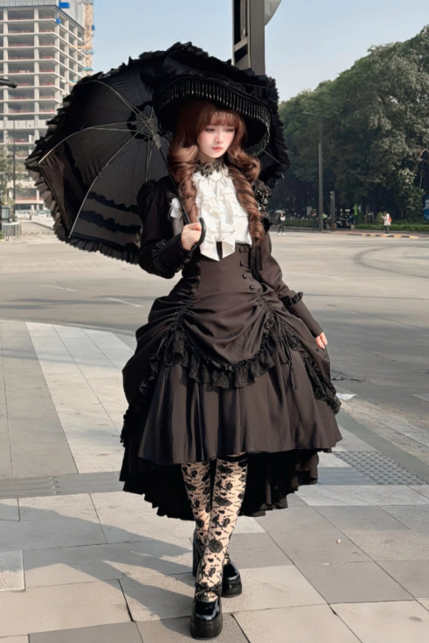 [Pre-order] Dark Gothic Black Short Jacket + White Shirt + Rose Ribbon