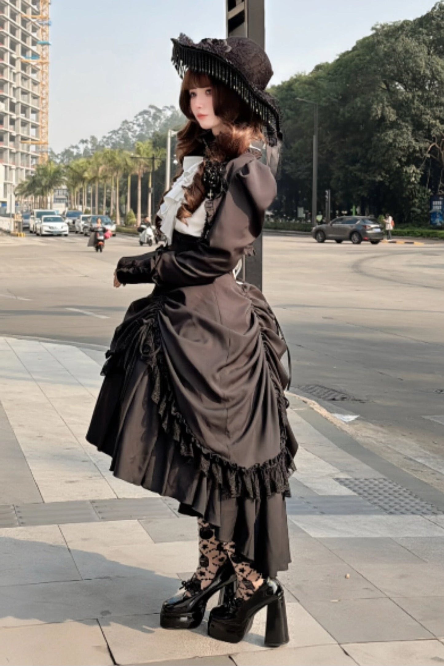 [Pre-order] Dark Gothic Black Corset Layered Pull-Up Skirt
