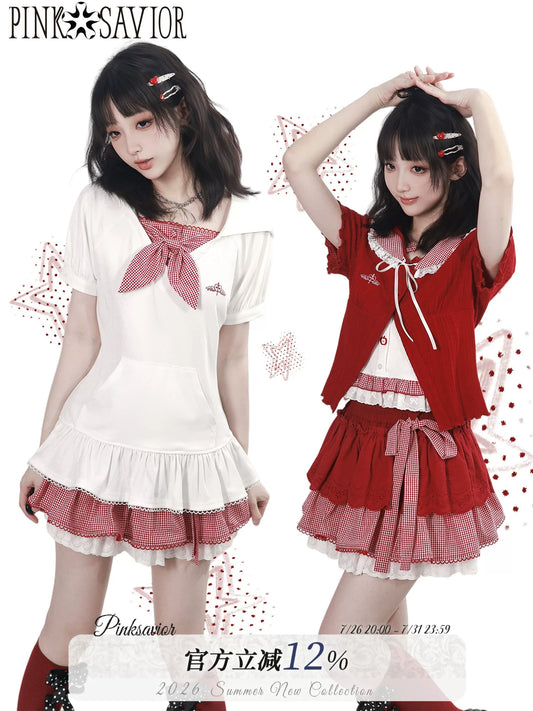 Fast Dispatch【Sugar Heart Apple】Red &amp; White Bunny Ears Pattern Knit Cropped Cardigan Layered Cake Dress