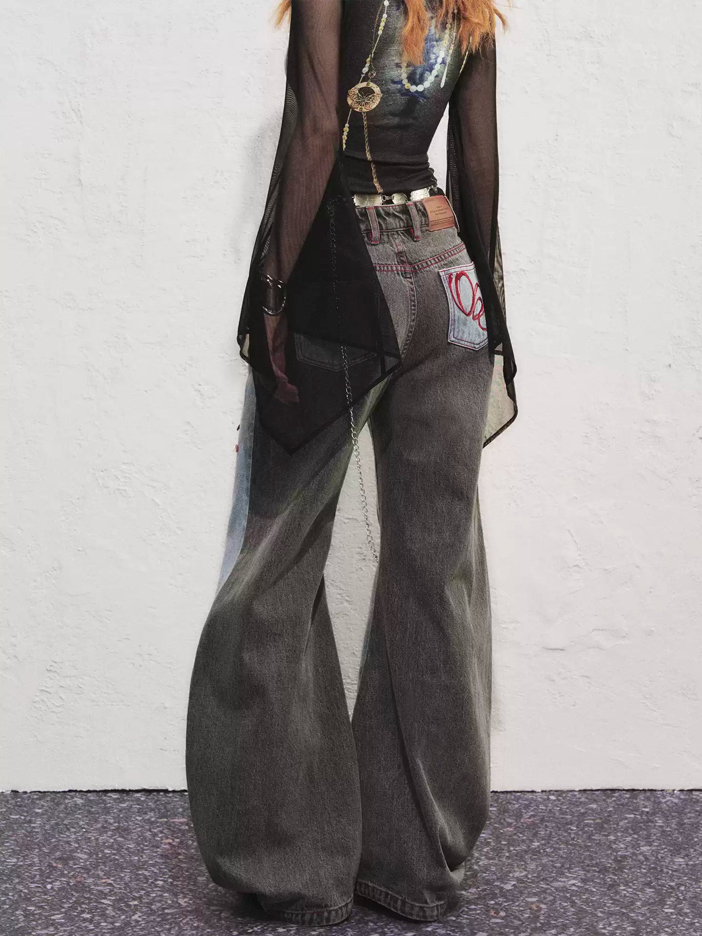 Splicing Cat Plant Embroidery Asymmetrical Pocket Sickle Jeans