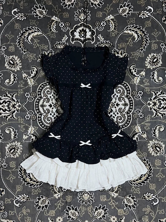 Black Bowknot Polka Dot Sweet Playful Waist-Cinching Flounce Sleeve Top, Summer Women’s
