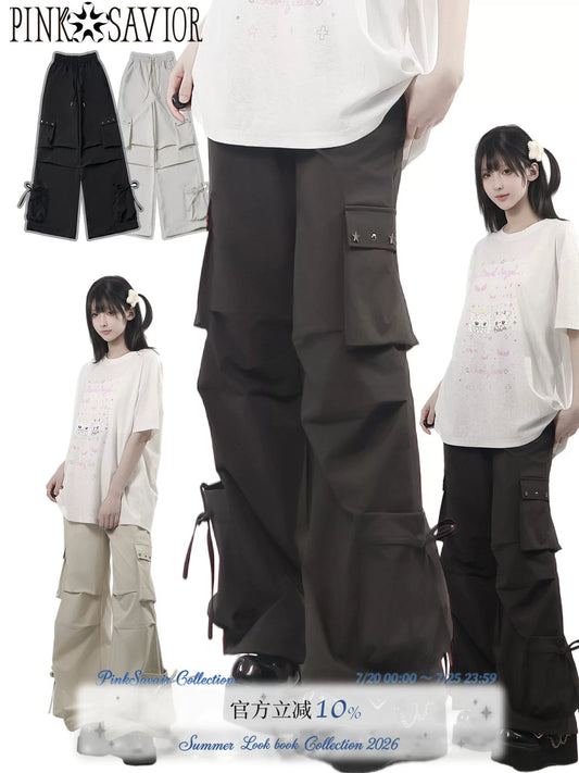pinksavior【Star Abyss】 Three-Color Cooling, Lightweight, Slimming Pleated Utility Pants with Rivets — Summer Essential