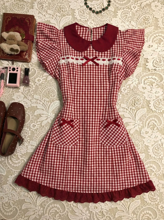 Vintage-Style Red Plaid Puff-Sleeve Mini Dress for Women | Summer Retro Fashion, Pretty Dress