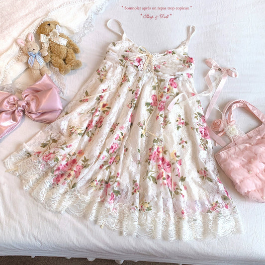 sleepingdoll Handmade Nainai Rose Vintage-Inspired Floral Lace Corset Tie-Up Dress