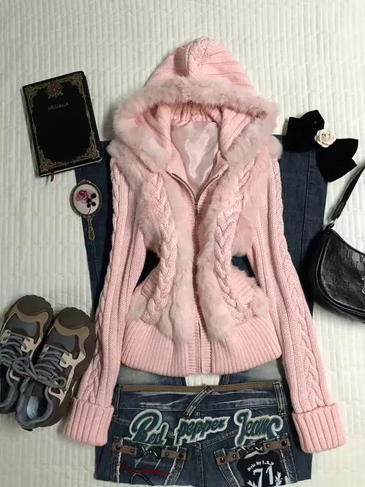pink twist hooded sweater jacket