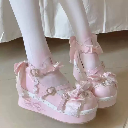 Adorable Princess Pink Lolita Round-Toe Bow Pearl Lace Crisscross Strappy Mary Jane Little Leather Shoes
