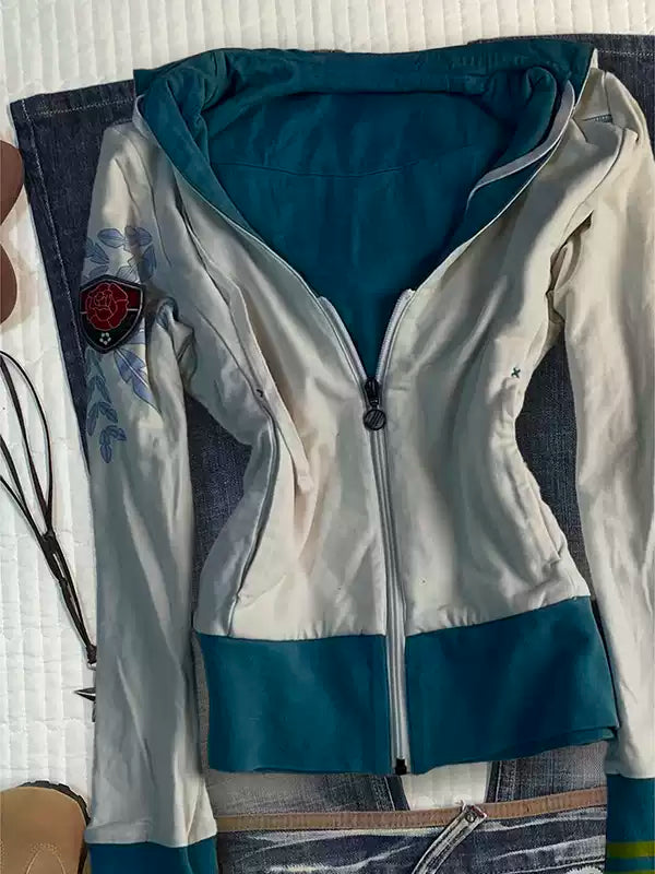 Blue contrasting white hooded sweatshirt jacket