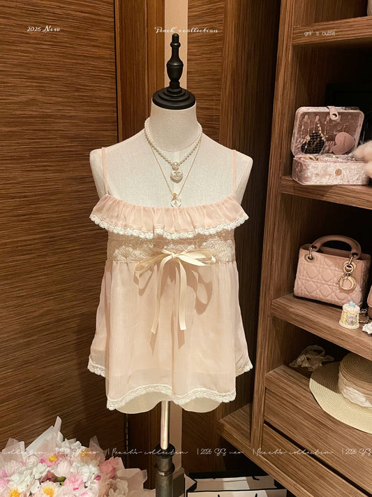 Vintage Lace Chiffon Cami Top | Japanese Dollcore Pleated Coquette Style