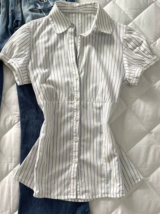 White Striped Shirt—Elegant Slimming Short-Sleeve Top for Summer