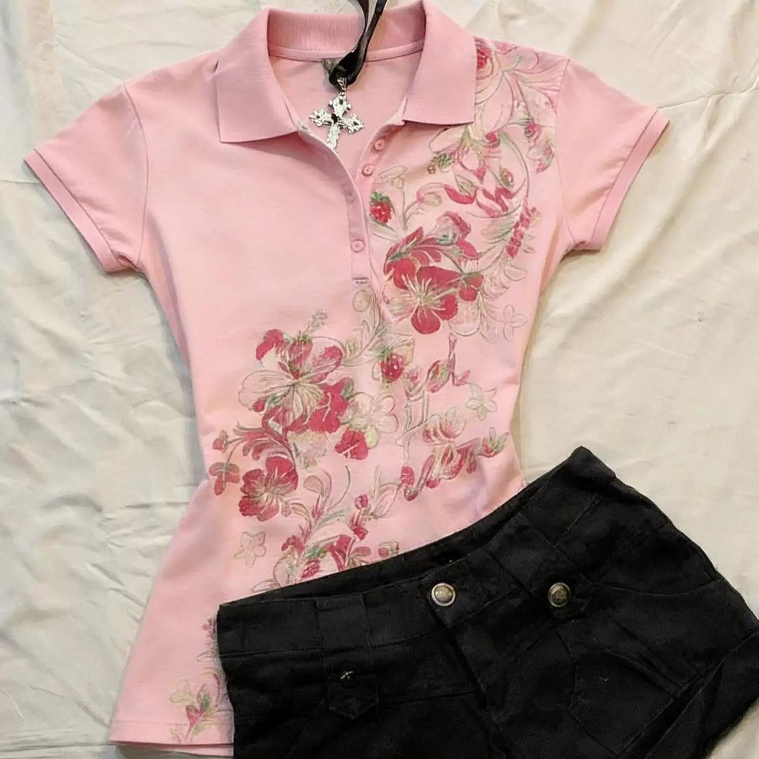 American Retro Vintage Style 2026 Summer New Pink Polo Collar Short-Sleeve Printed Slim-Fit Top