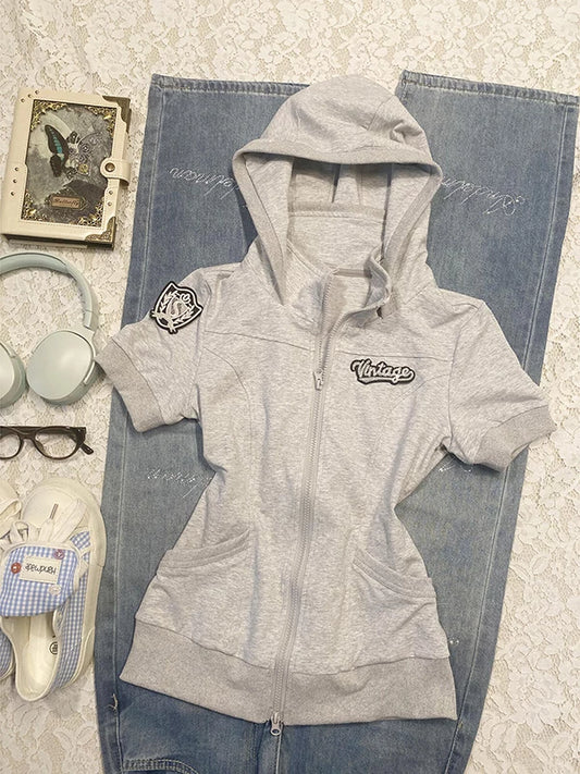 Grey Patchwork Embroidered Hoodie Sweatshirt Jacket for Women Early Autumn Vintage Thrift Style Streetwear