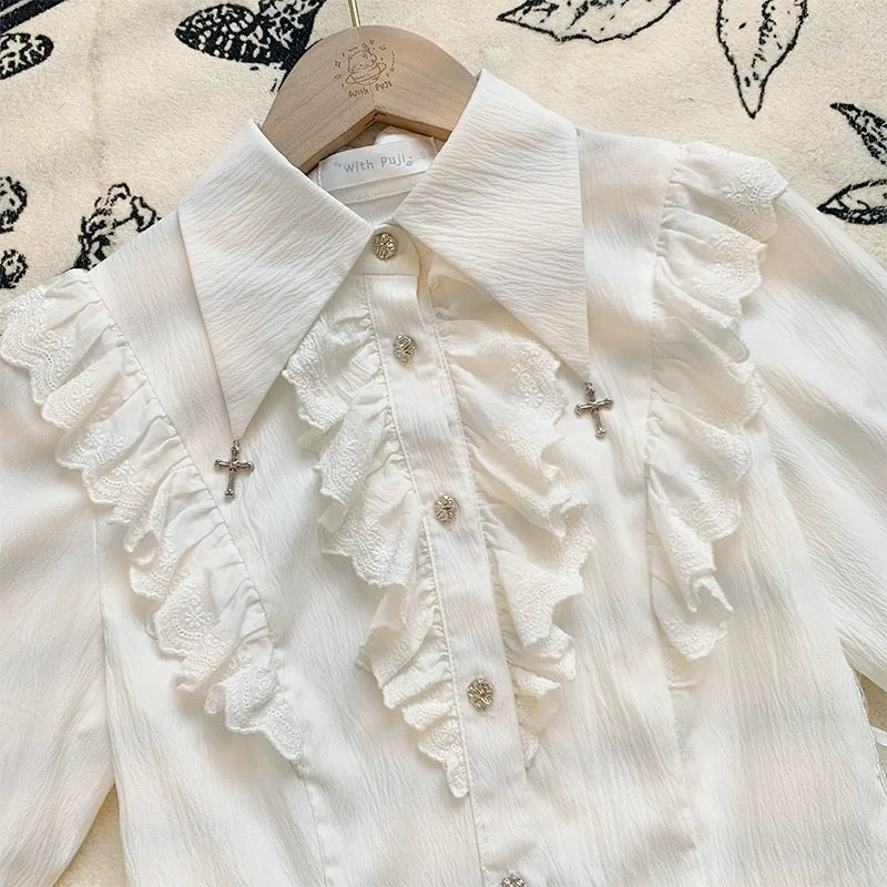 Gothic Lolita Blouse Black White Waist-Tie Shirt