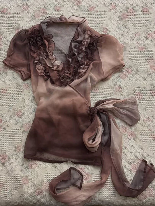 French Vintage Brown Lace Waist-Defining Fit-Flattering Short-Sleeve Top for Summer Women
