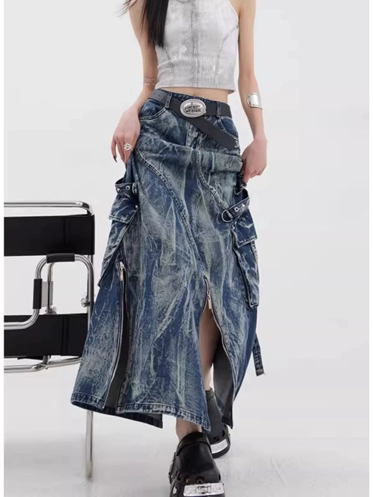 Irregular American Workwear Denim Maxi Skirt for Women, Plus-Size Statement Design, Subculture Y2K High Waist Slimming Skirt