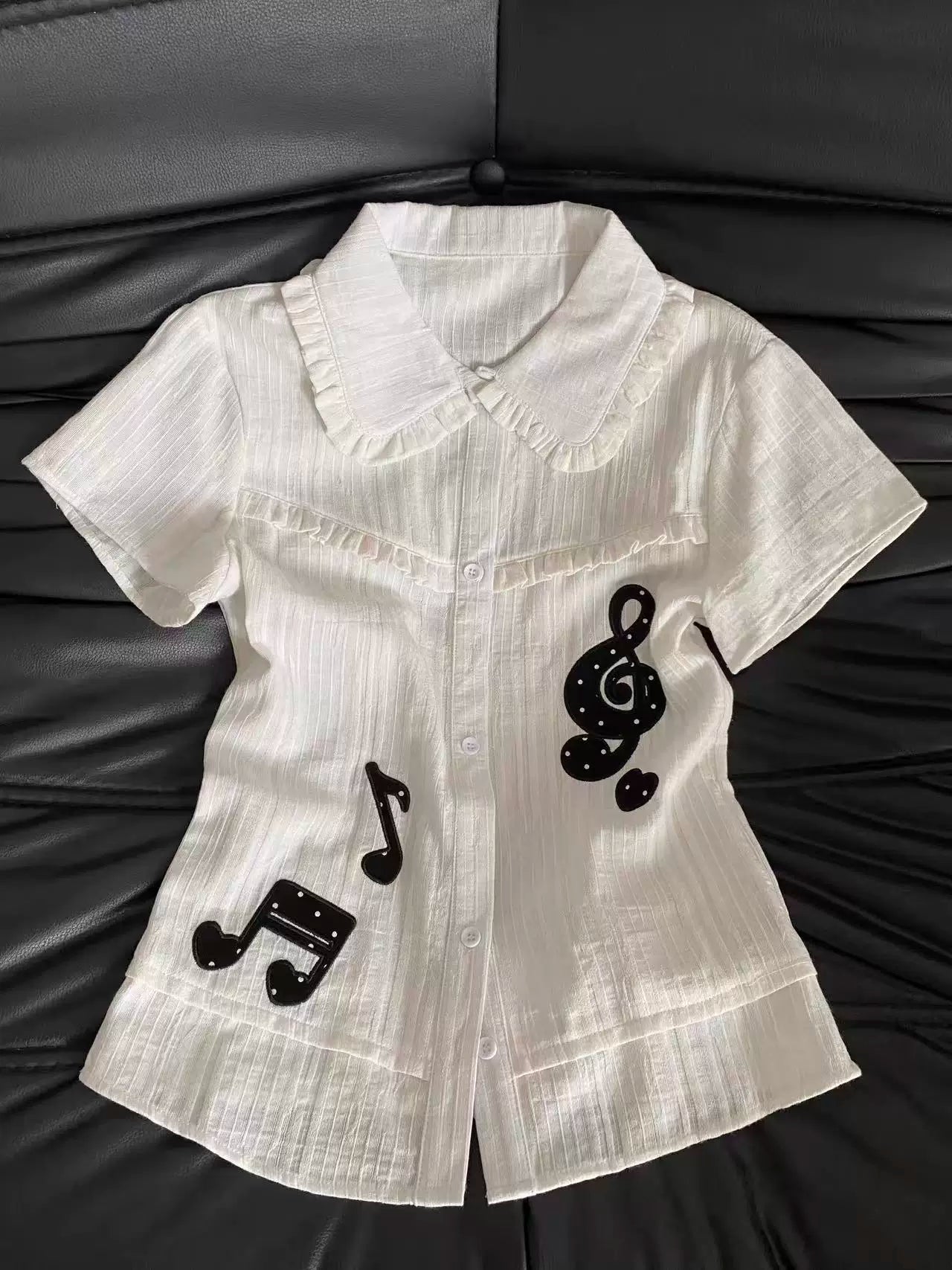Korean-style Girls’ Note Embroidery White Peter Pan Collar Short-Sleeve Shirt for Women, Summer Light Slim-Fit Blouse