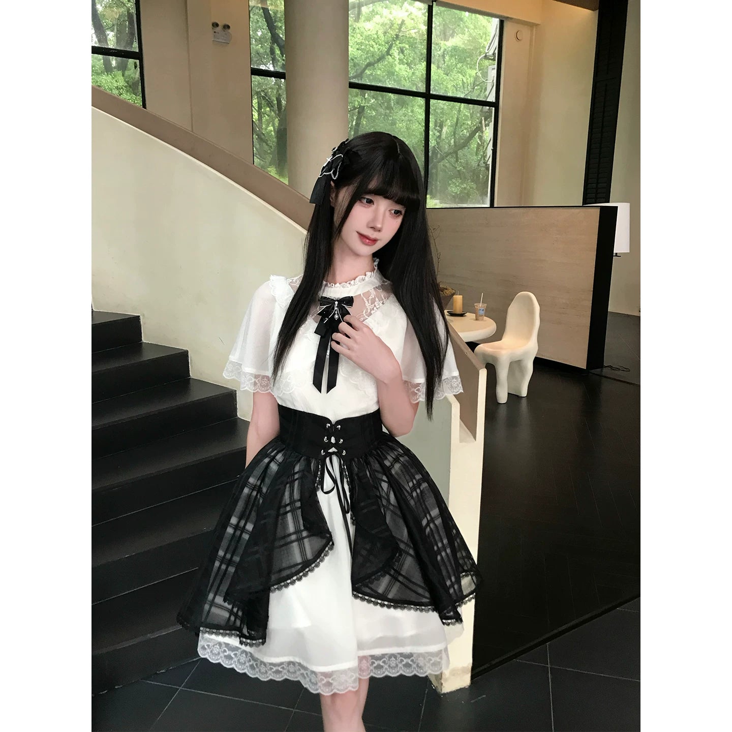 La La Sauce Slushy Mocha Clear-Style Faux Two-Piece Shawl “Princess” Lace Dress Waist-Snatching Overlay Slip Dress Set