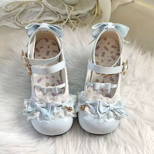 Ribbon Tied Little Bunny Cat Paw & Frosted Rabbit Original Lolita Cute Round-Toe Leather Shoes for Girls, Soft-Soled Lolita Flats