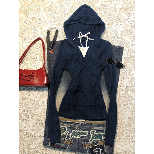 Navy hooded twist sweater