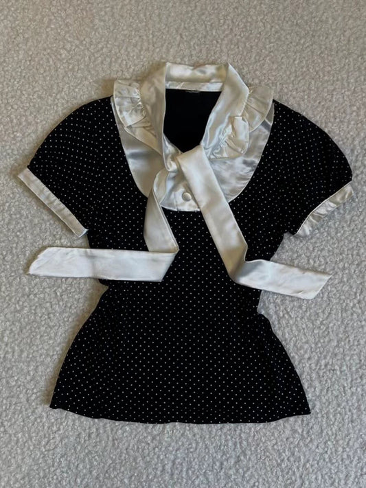 Black Polka Dot Panelled Short-Sleeve Top — Unique, Chic, Slimming Summer Fashion for Women