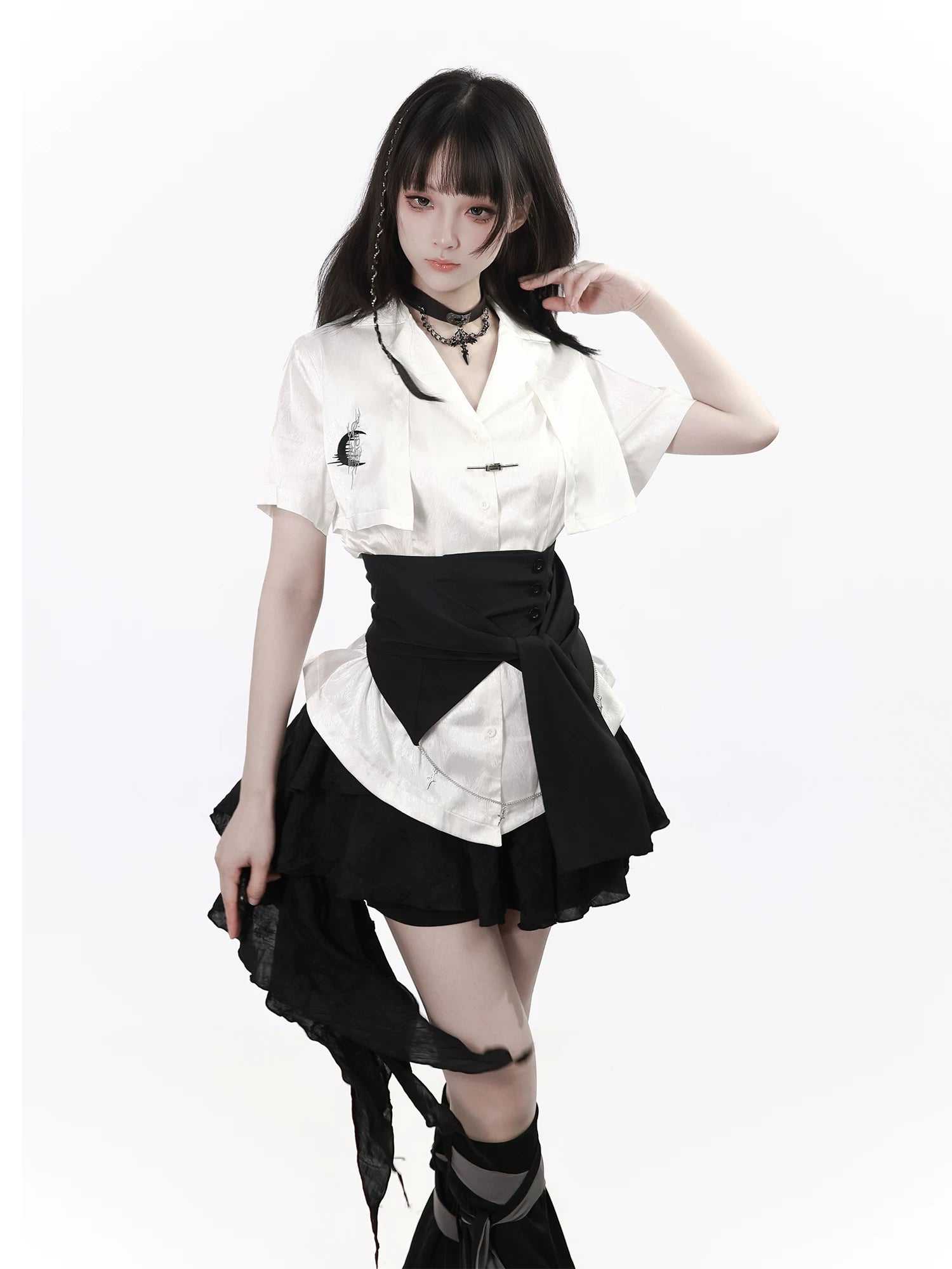 Ships Now [“Moon-Washed Floating Clouds”] Chiseled Character Pattern New Chinese-Style Waist Belt, Asymmetrical Design for Layering Underwear to Slim