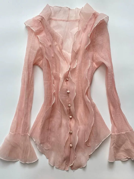 Shallow Moon and Fine Art Original French-Style Ruffle-Pink Shirt 2026 Early Spring New Retro-Inspired Boutique Long-Sleeve Top