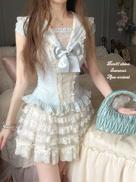 Rima Bobon21 Idol Sailor Sparkling Navy-Style Chiffon Top T2409