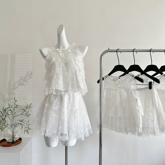 Miou Handmade 26/S Spring Summer Sicilian Almond Lace Tulle Embroidered Sleeveless Top & Fluffy Short Skirt Set Embroidered Lace Set L