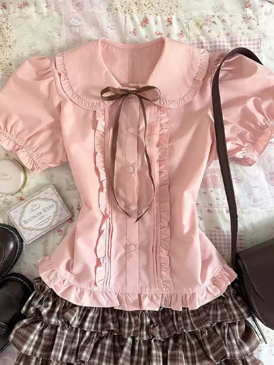 Retro Korean pink doll collar short-sleeved shirt