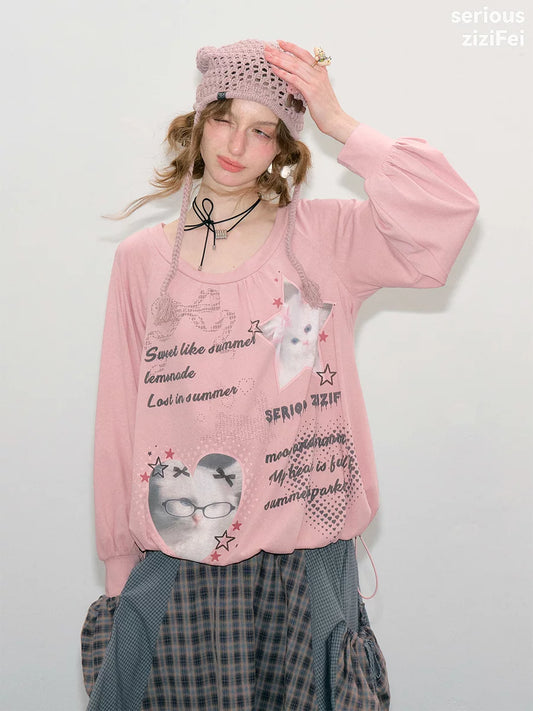 Pink Cat Print Long Sleeve Top | Cute Drawstring Waist Shirt for Women