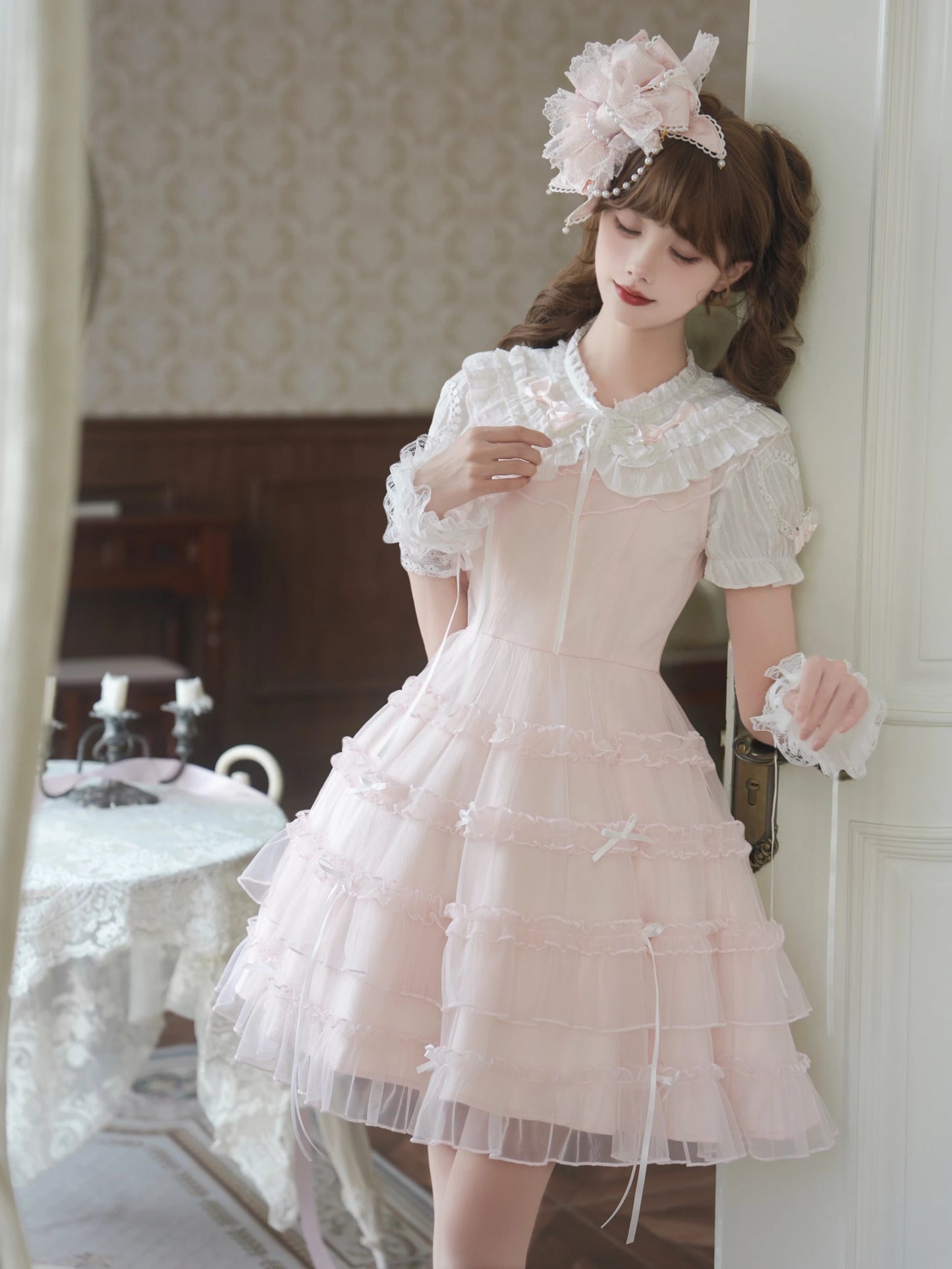 LaLa Sauce “Cherry Blossom Qu” Vintage-Inspired Heavy Craftsmanship Cute Doll Collar Dress Sweet Princess Dress Skirt Set