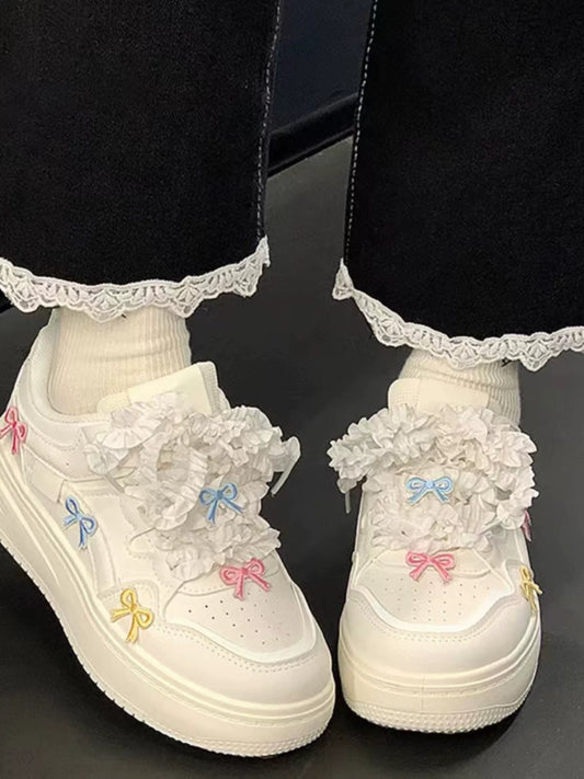 Transform Bow Tie White Sneakers for Women: Style Your Skirt—Chic, Versatile, Casual, Breathable Canvas Shoes for Campus