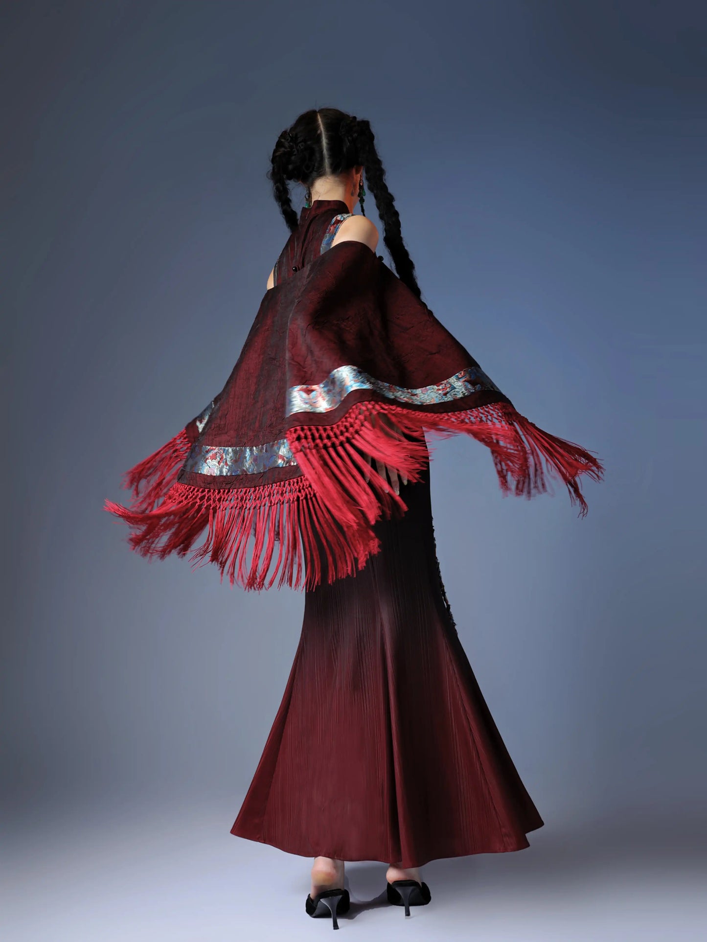 Tassel Cape Rope Embroidered Cheongsam Dress