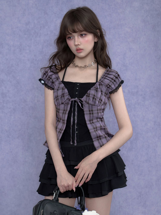 SagiDolls Girls’ Sweet-Spicy Pure-Desire Black-Purple Corset-Waist Halter Fake Two-Piece Top—Versatile and Age-Reducing for Summer