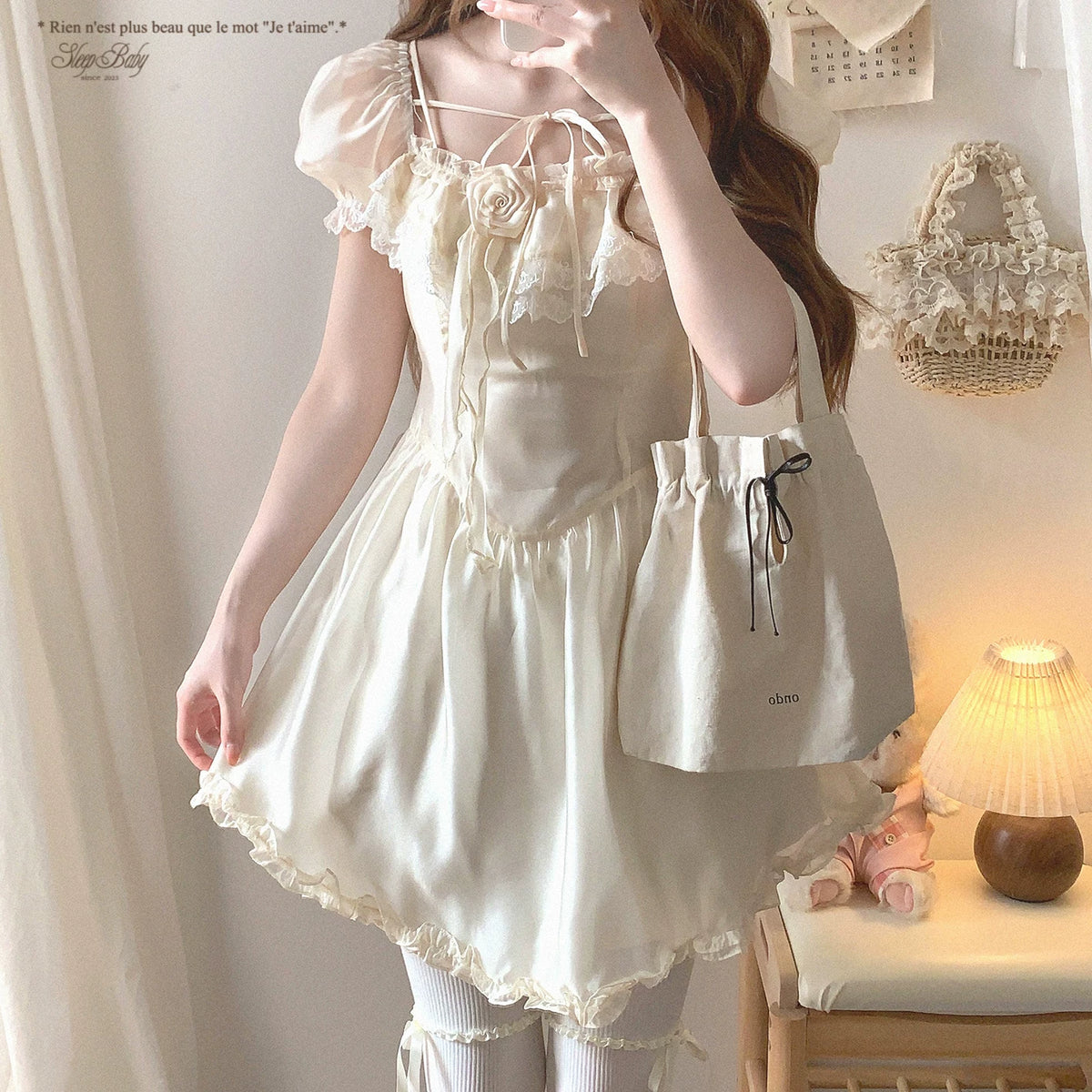 Last-Call lrgy Layered Lace 3D Rose Off-Shoulder Puff Sleeve Princess Dress