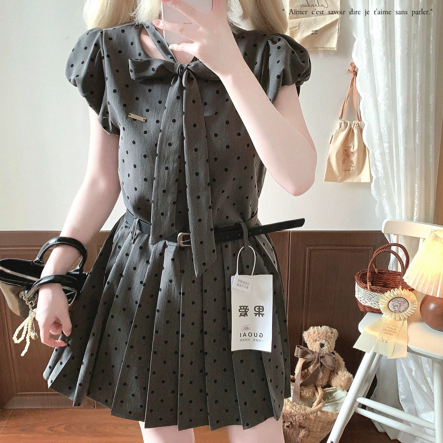 Last-Season Special Grey Retro Polka Dot Sweet Puff Sleeve Bowknot Pleated Midi Dress