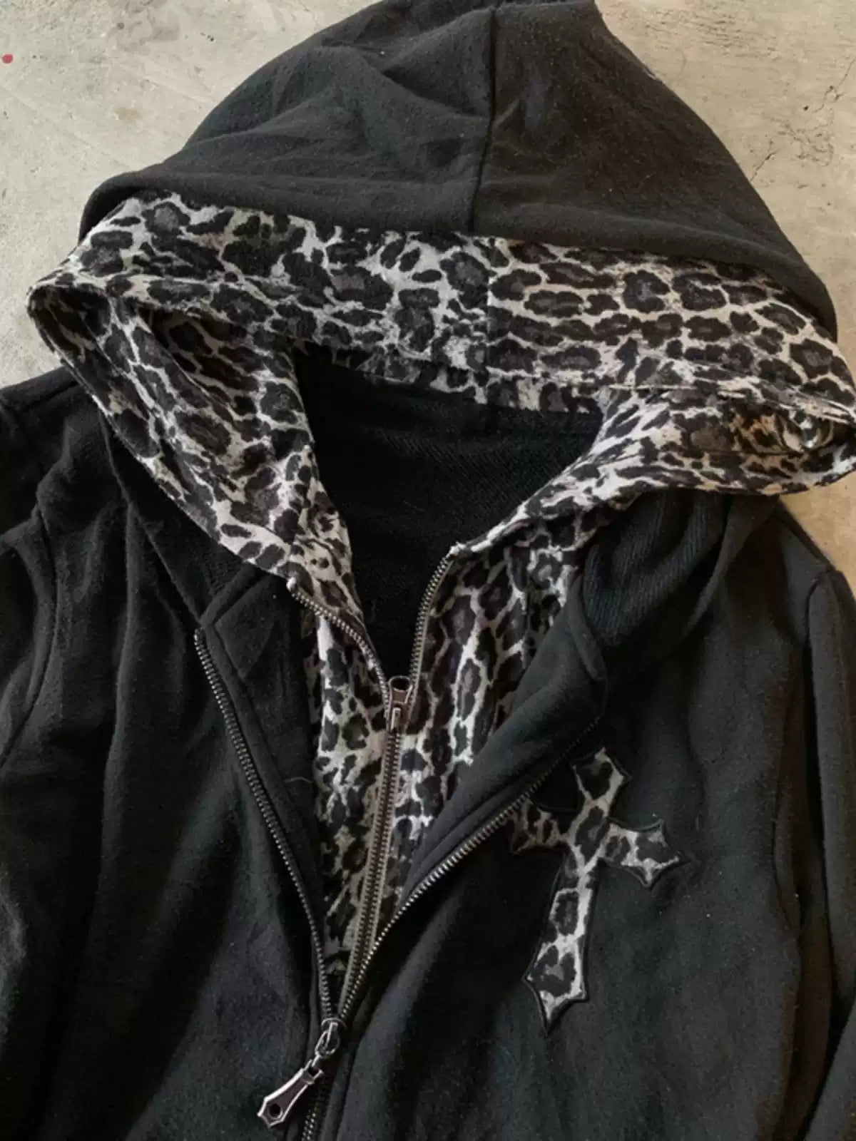 retro fake two-piece hooded leopard sweatshirt jacket