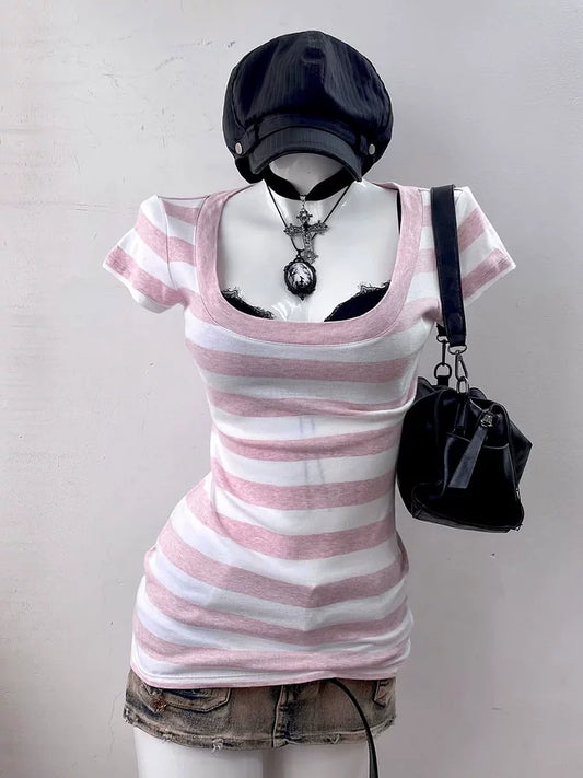 Y2K Sweet-Spicy Vintage Top for Women – Summer New, Waist-Snatching Pink Striped T-Shirt Design