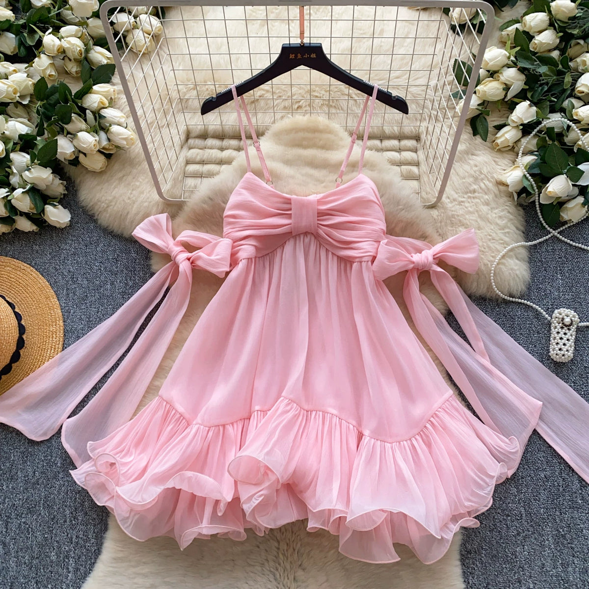 Bow Tie Ruffle Dress | French Girl A-Line Spaghetti Strap Dress for Women