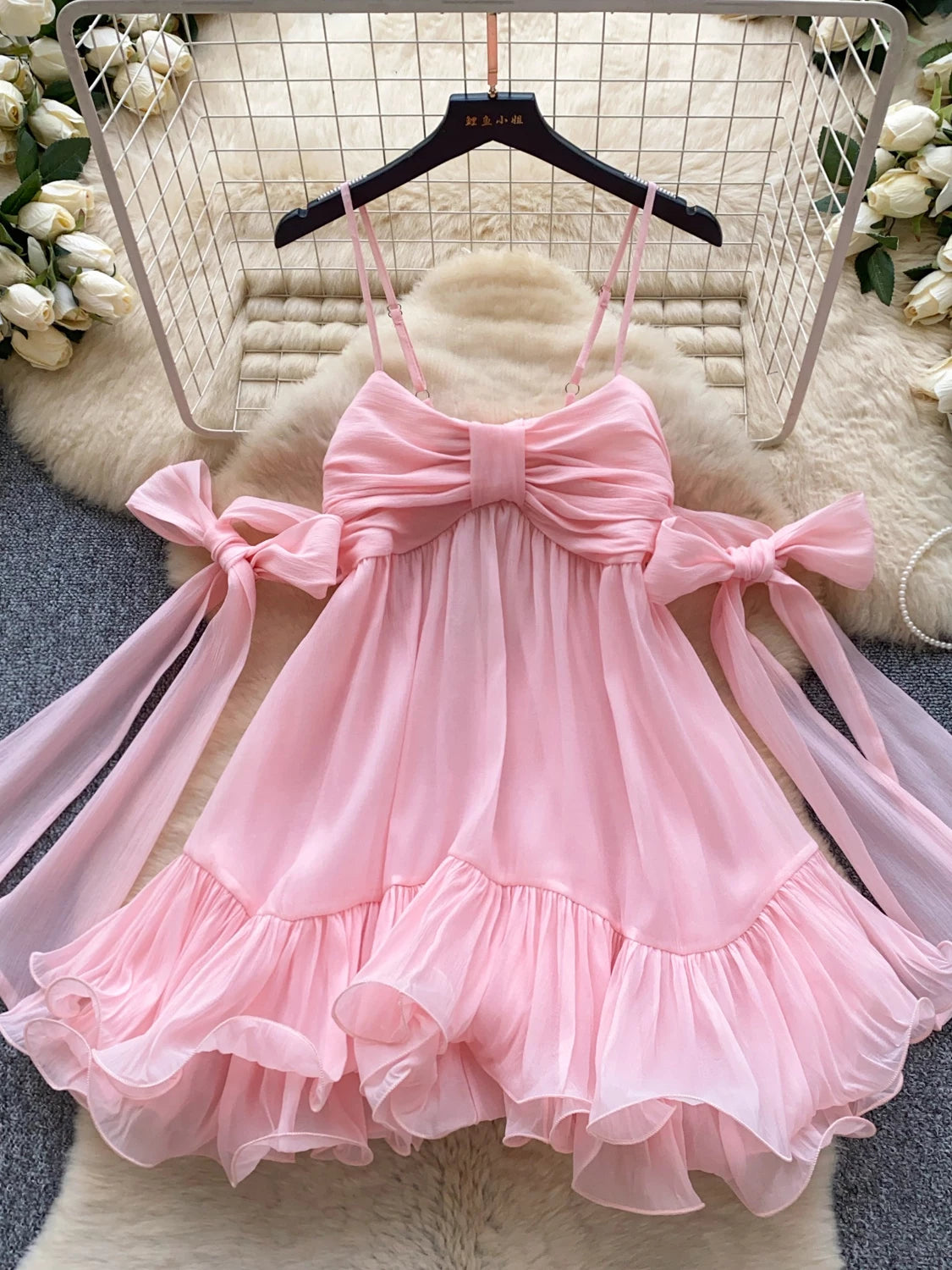 Bow Tie Ruffle Dress | French Girl A-Line Spaghetti Strap Dress for Women