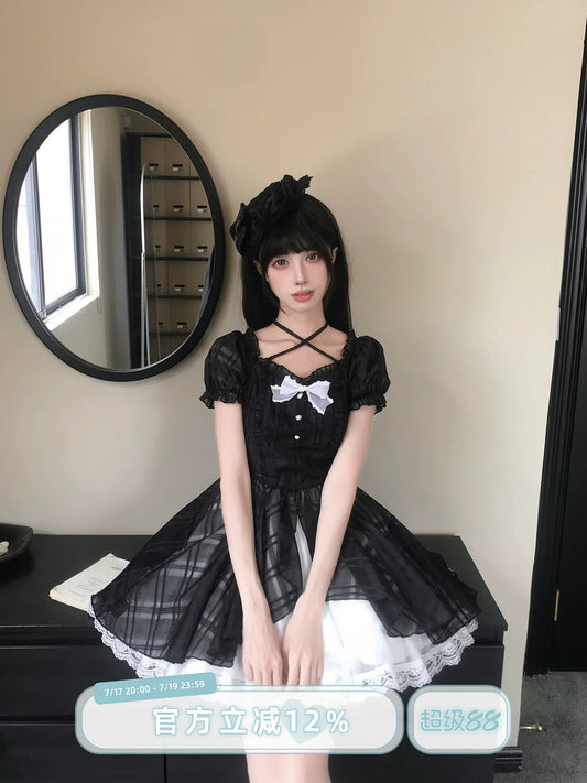 LaLa Sauce Black & White Mood Plaid Cross-Strap Color-Block Lace Princess Mini Dress for Girls