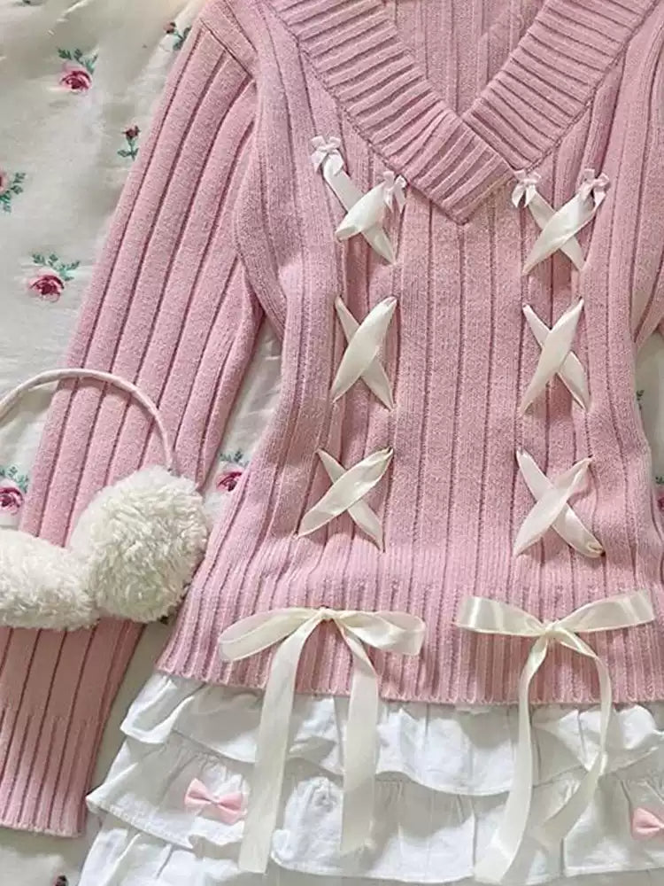 Retro sweet pink V-neck sweater