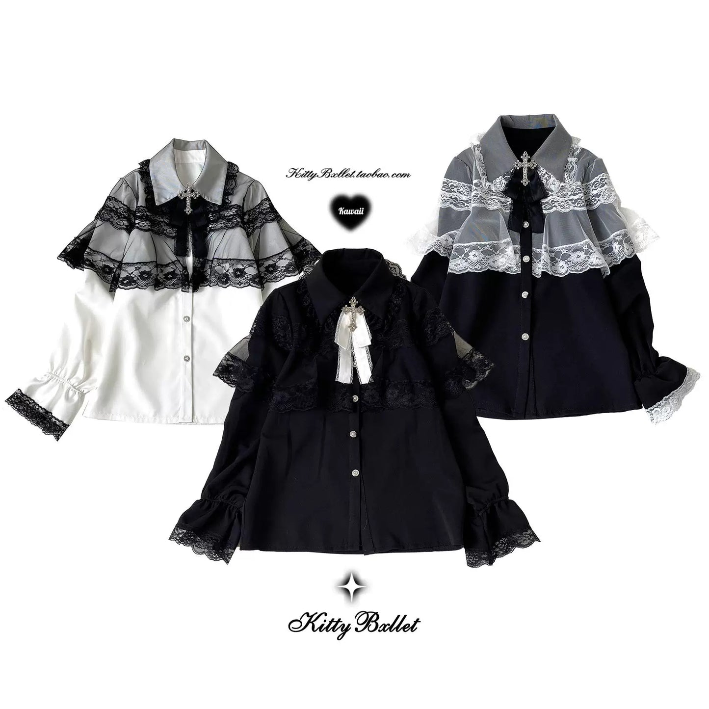 KittyBxllet Original “Misty Veil” Elegant Lace Long-Sleeve Blouse with Ruffles